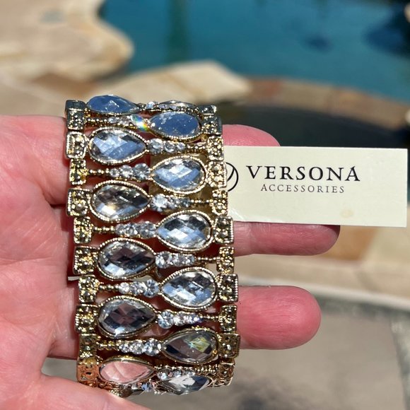 Bracelet Rhinestone Jeweled Sparkle Stretch Statement Goldtone Egyptian Style - Picture 4 of 4